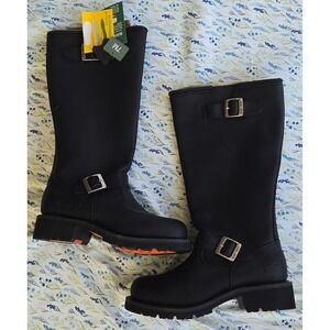 Ride Tecs Mens Black Genuine Leather Tall Motorcycle Boots Buckle Zip Size 7M